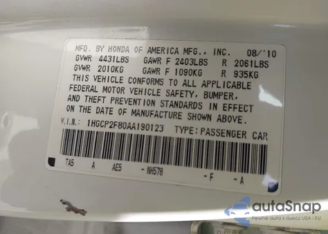 2010 Honda Accord 2.4 Ex-L from USA, damaged, VIN 1HGCP2F80AA190123